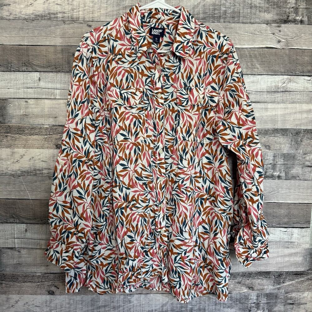 Lands End Women's 100% Linen XL Cream Floral Long Sleeve Button Up Shirt